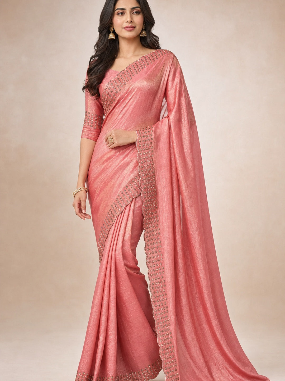 Peachmode Peach Fandy Satin Saree with Scalloped Cutwork Border - Image 1