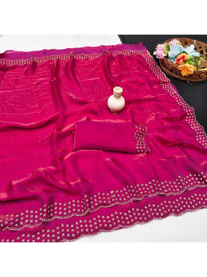 Peachmode Magenta Fandy Satin Saree with Scalloped Cutwork Border - Image 2