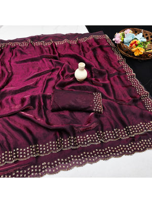Peachmode Wine Fandy Satin Saree with Scalloped Cutwork Border - Image 2