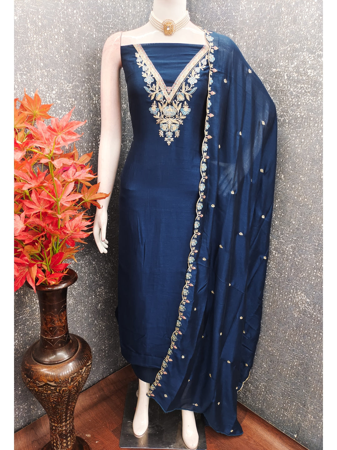 Peachmode Blue Vichitra Silk Dress Material with Floral Embroidery - Image 3