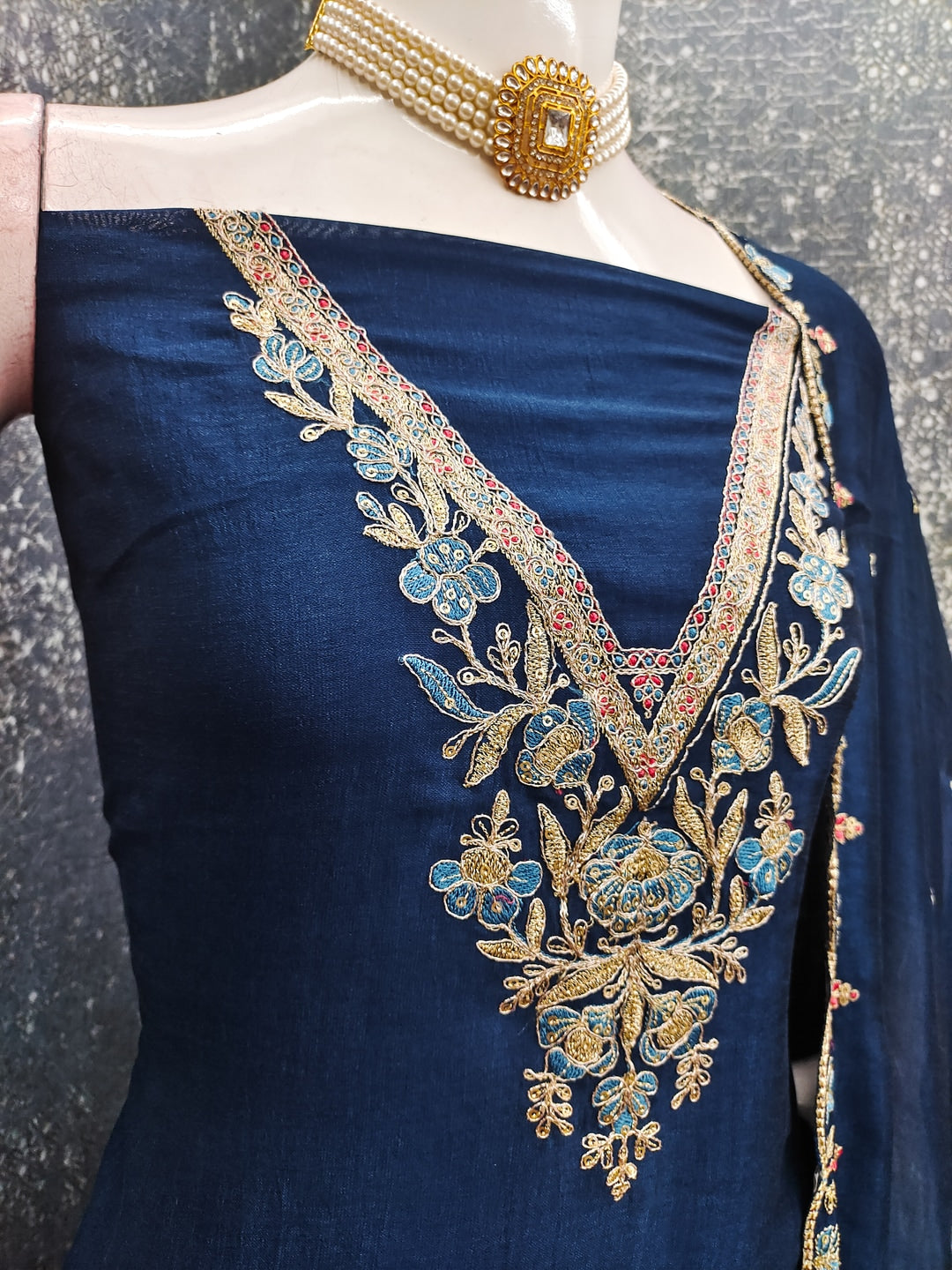 Peachmode Blue Vichitra Silk Dress Material with Floral Embroidery - Image 4