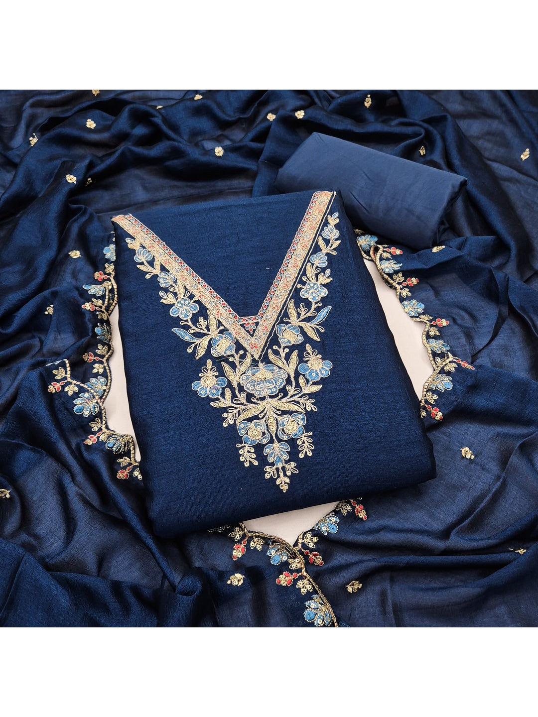 Peachmode Blue Vichitra Silk Dress Material with Floral Embroidery - Image 1