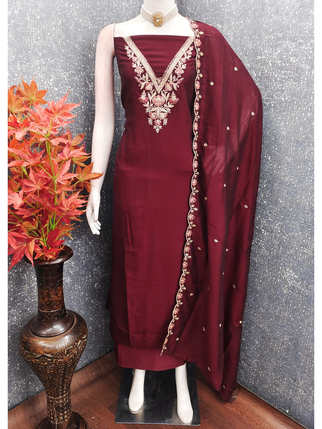 Peachmode Wine Vichitra Silk Dress Material with Floral Embroidery - Image 3