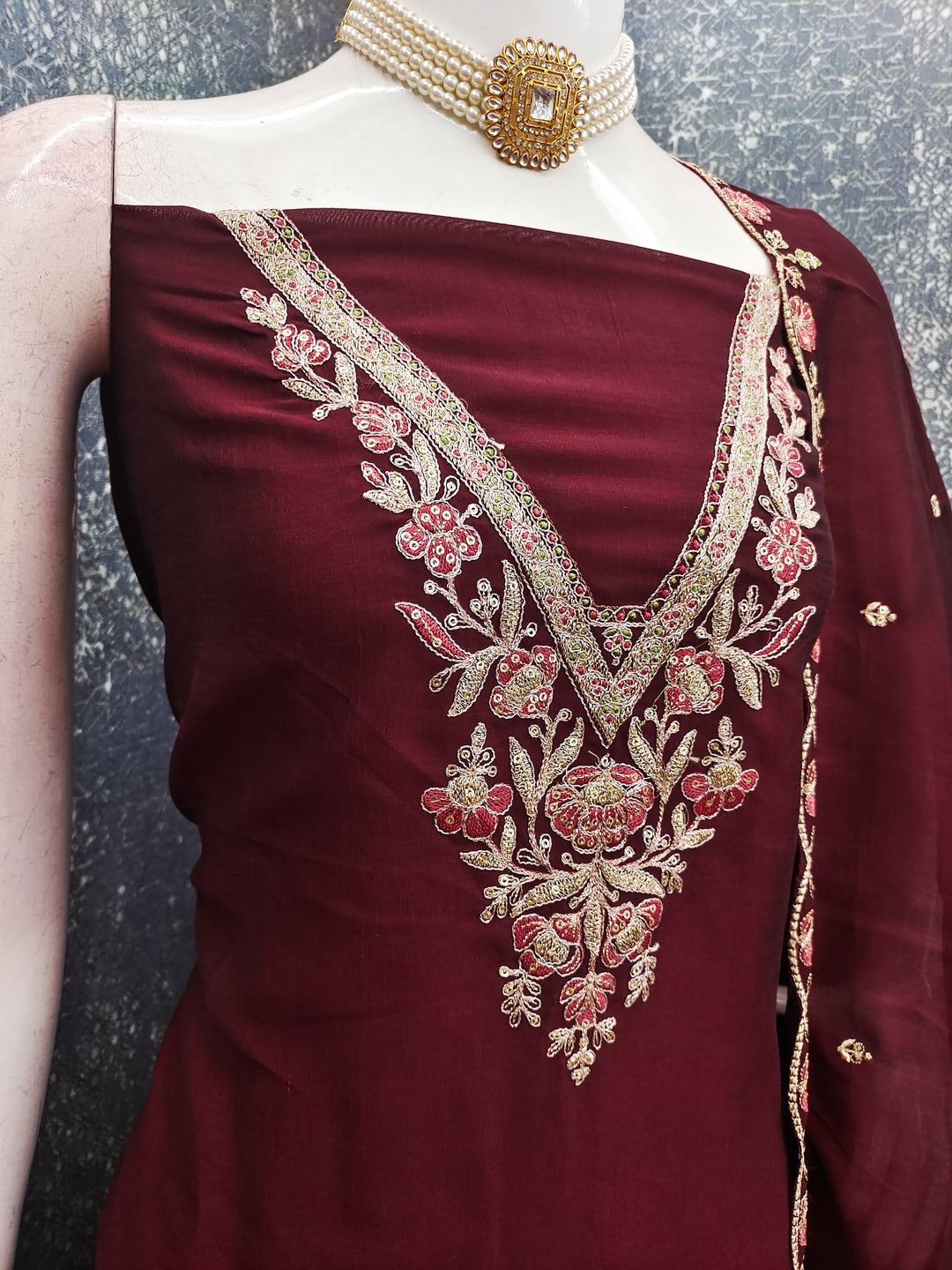 Peachmode Wine Vichitra Silk Dress Material with Floral Embroidery - Image 4