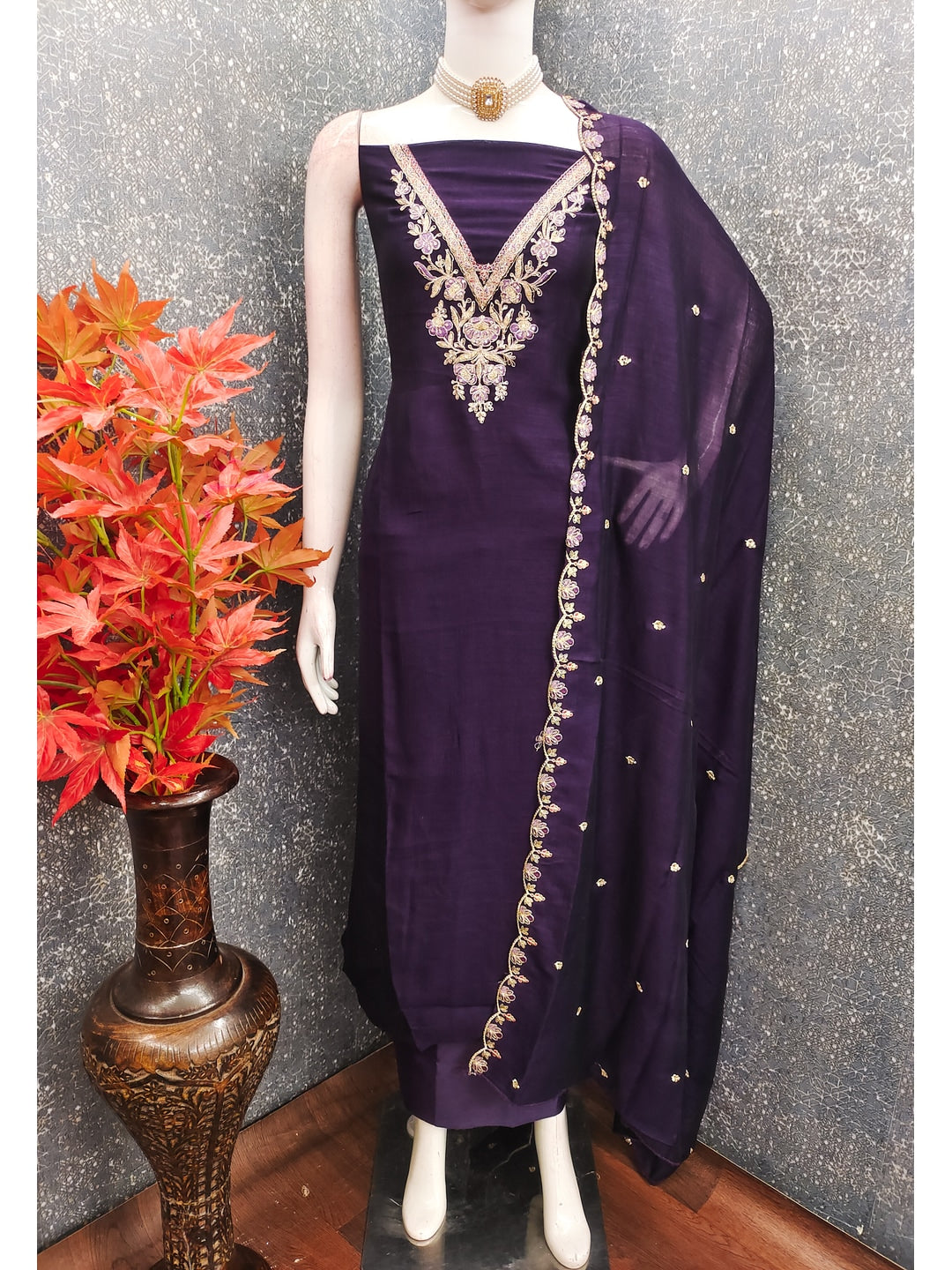 Peachmode Purple Vichitra Silk Dress Material with Floral Embroidery - Image 3