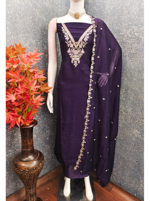 Peachmode Purple Vichitra Silk Dress Material with Floral Embroidery - Image 2
