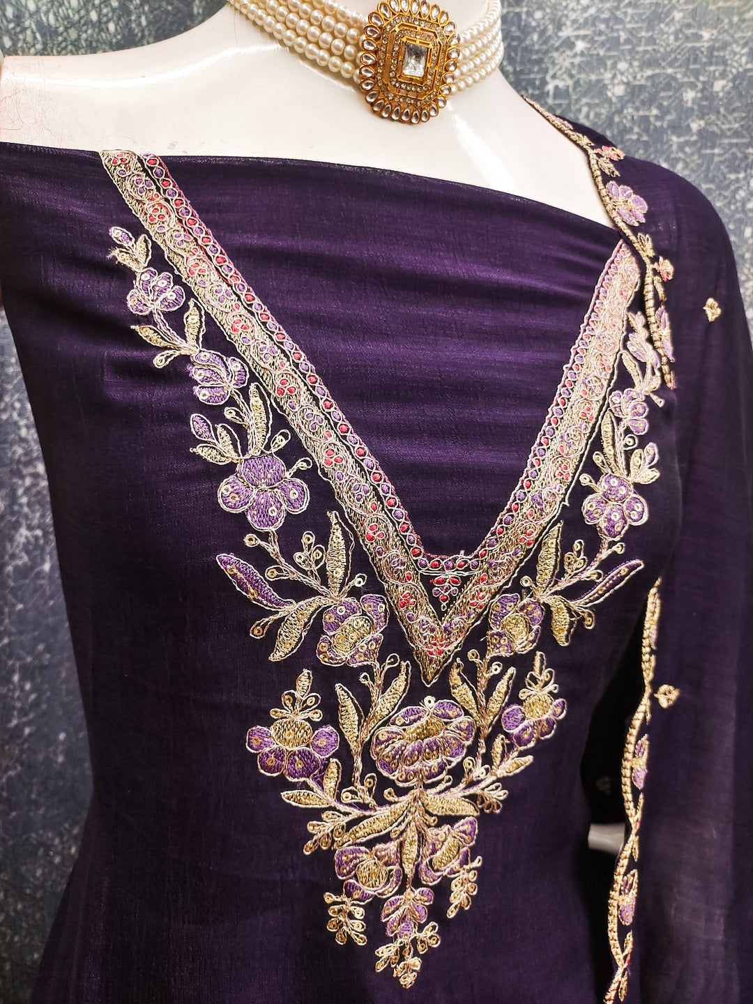 Peachmode Purple Vichitra Silk Dress Material with Floral Embroidery - Image 4