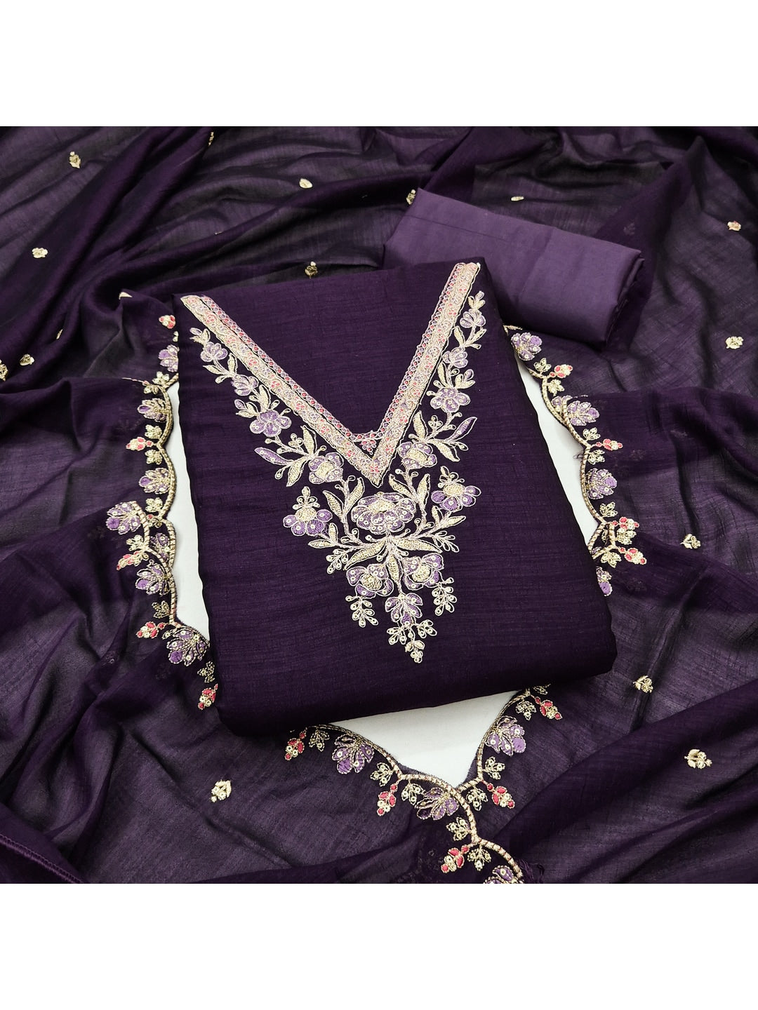 Peachmode Purple Vichitra Silk Dress Material with Floral Embroidery - Image 1