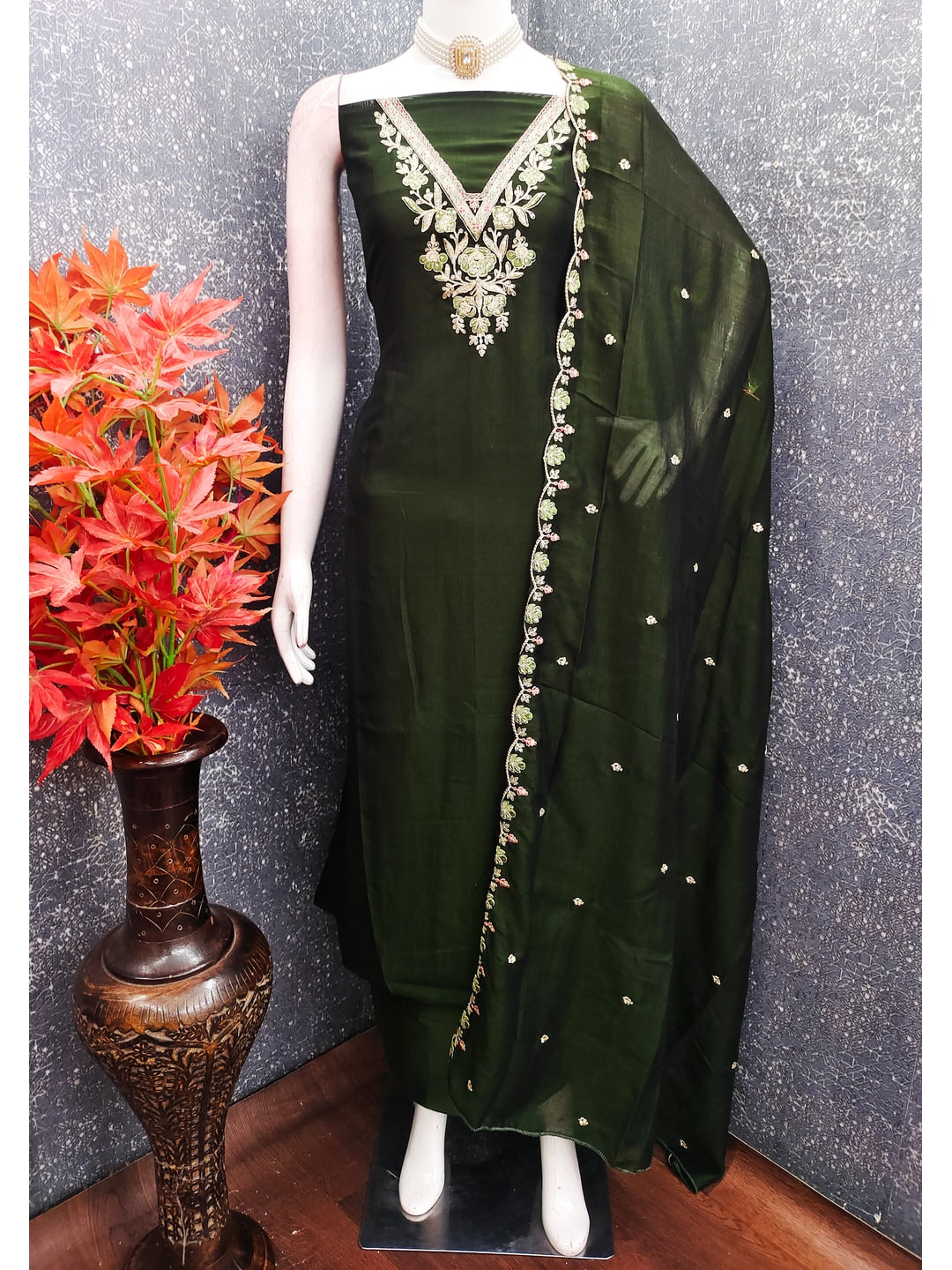Peachmode Green Vichitra Silk Dress Material with Floral Embroidery - Image 3