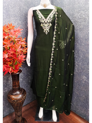 Peachmode Green Vichitra Silk Dress Material with Floral Embroidery - Image 2