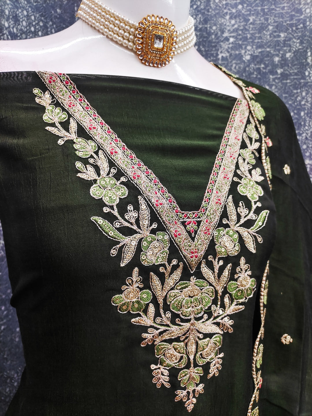 Peachmode Green Vichitra Silk Dress Material with Floral Embroidery - Image 4