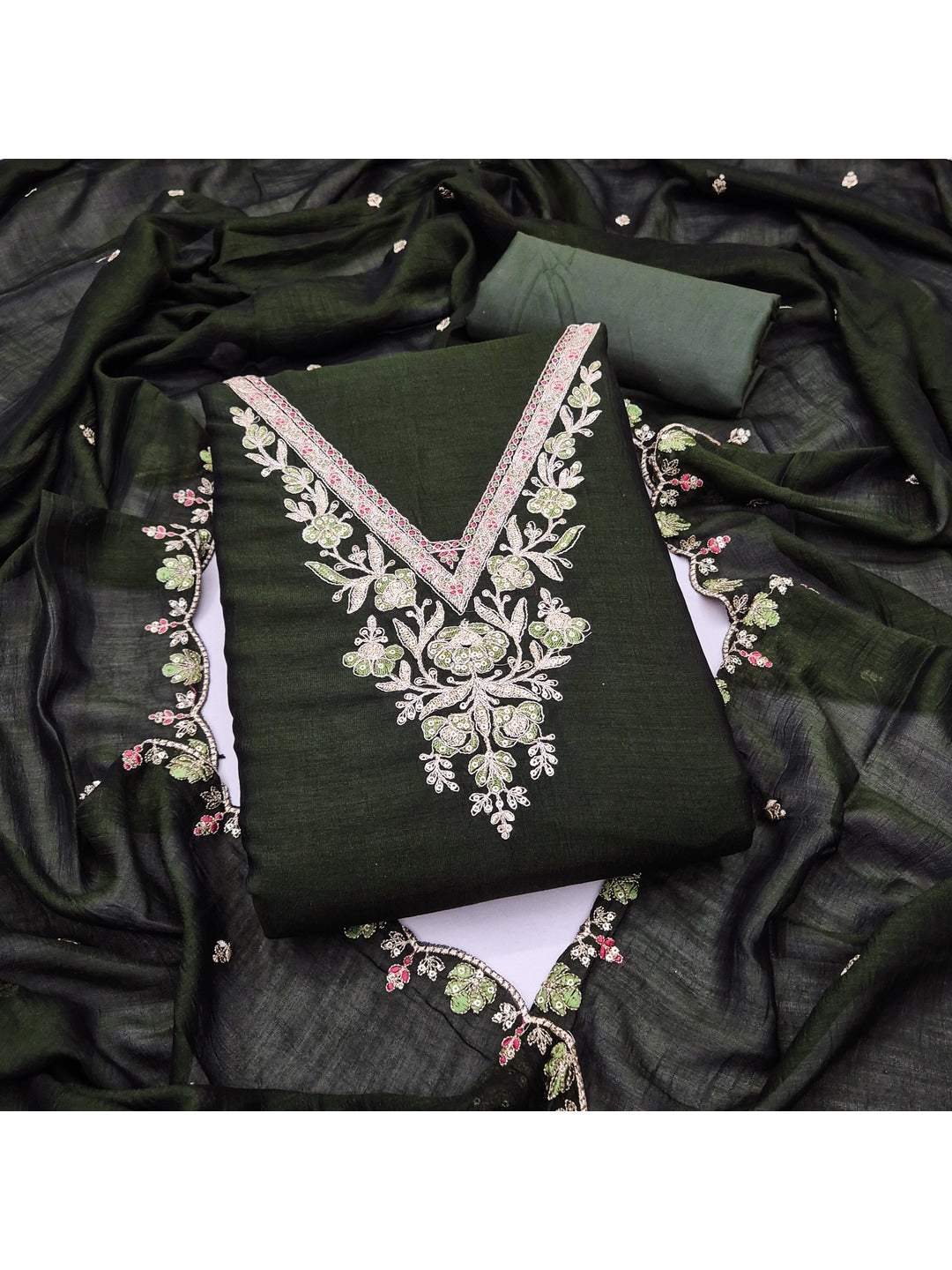 Peachmode Green Vichitra Silk Dress Material with Floral Embroidery - Image 1