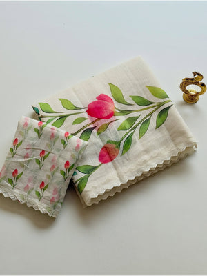 Peachmode White Linen Cotton Floral Printed Saree - Image 2