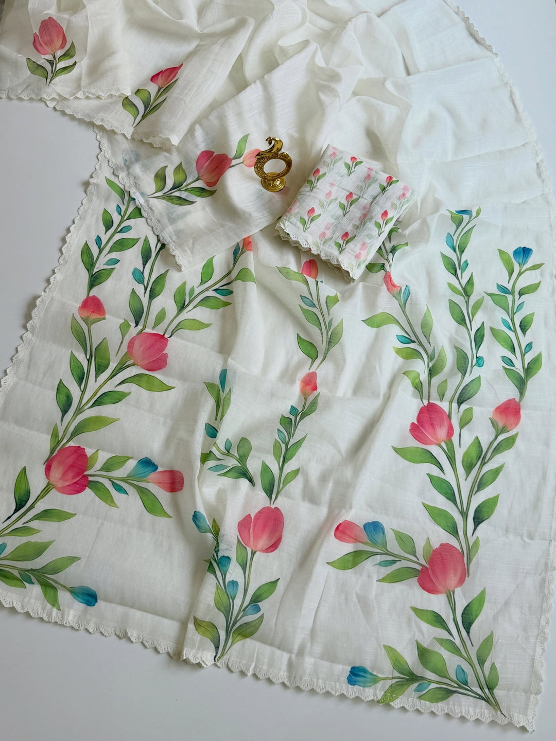 Peachmode White Linen Cotton Floral Printed Saree - Image 3