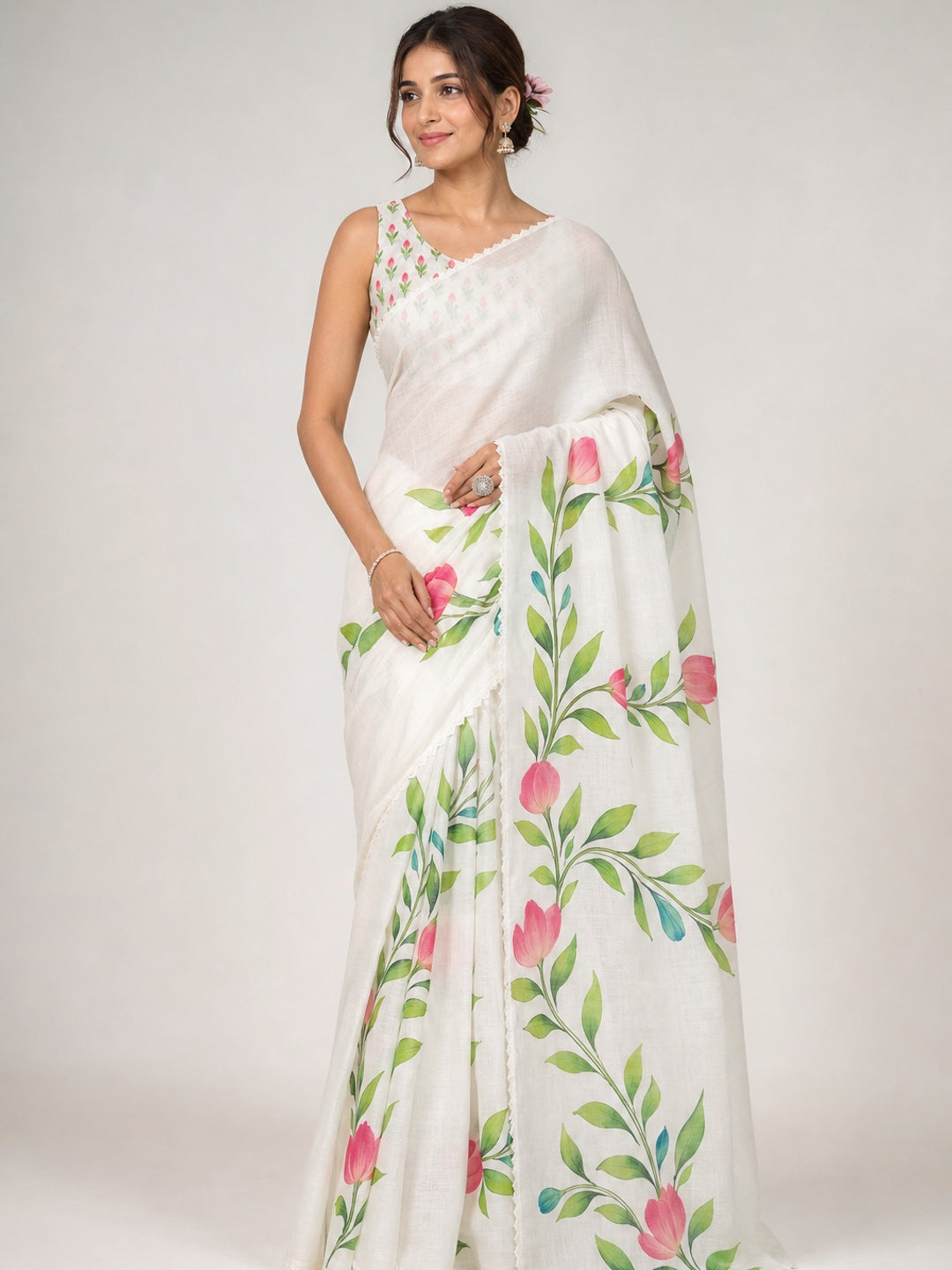 Peachmode White Linen Cotton Floral Printed Saree - Image 1