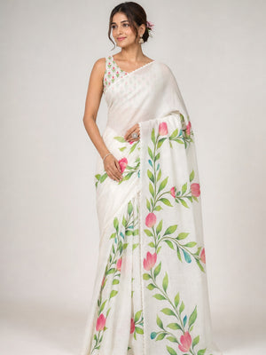 Peachmode White Linen Cotton Floral Printed Saree - Image 1