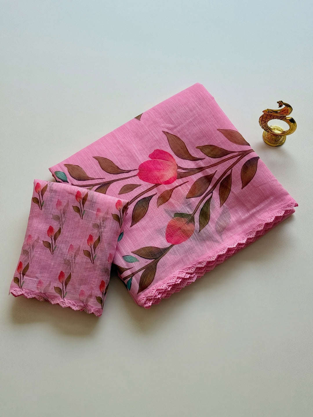 Peachmode Pink Linen Cotton Floral Printed Saree - Image 2