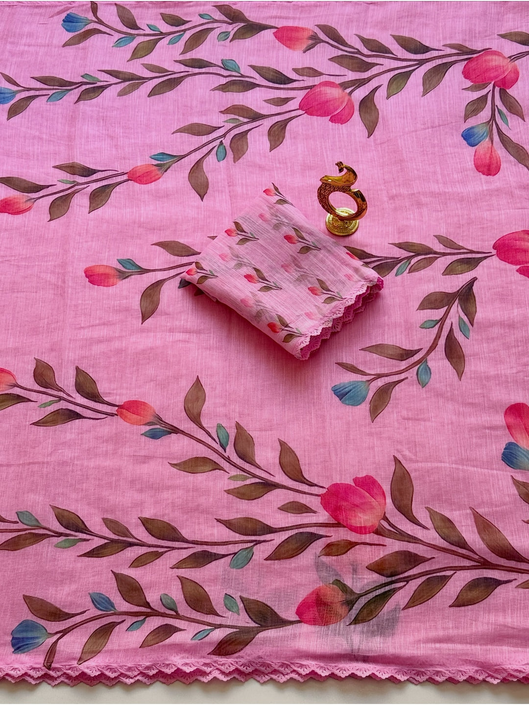 Peachmode Pink Linen Cotton Floral Printed Saree - Image 3
