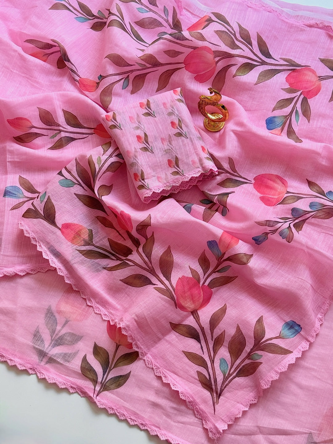 Peachmode Pink Linen Cotton Floral Printed Saree - Image 4