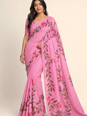 Peachmode Pink Linen Cotton Floral Printed Saree - Image 1