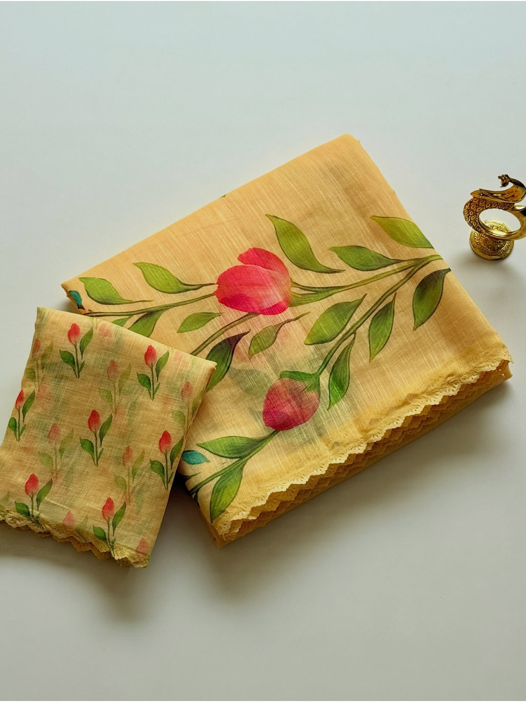 Peachmode Yellow Linen Cotton Floral Printed Saree - Image 2