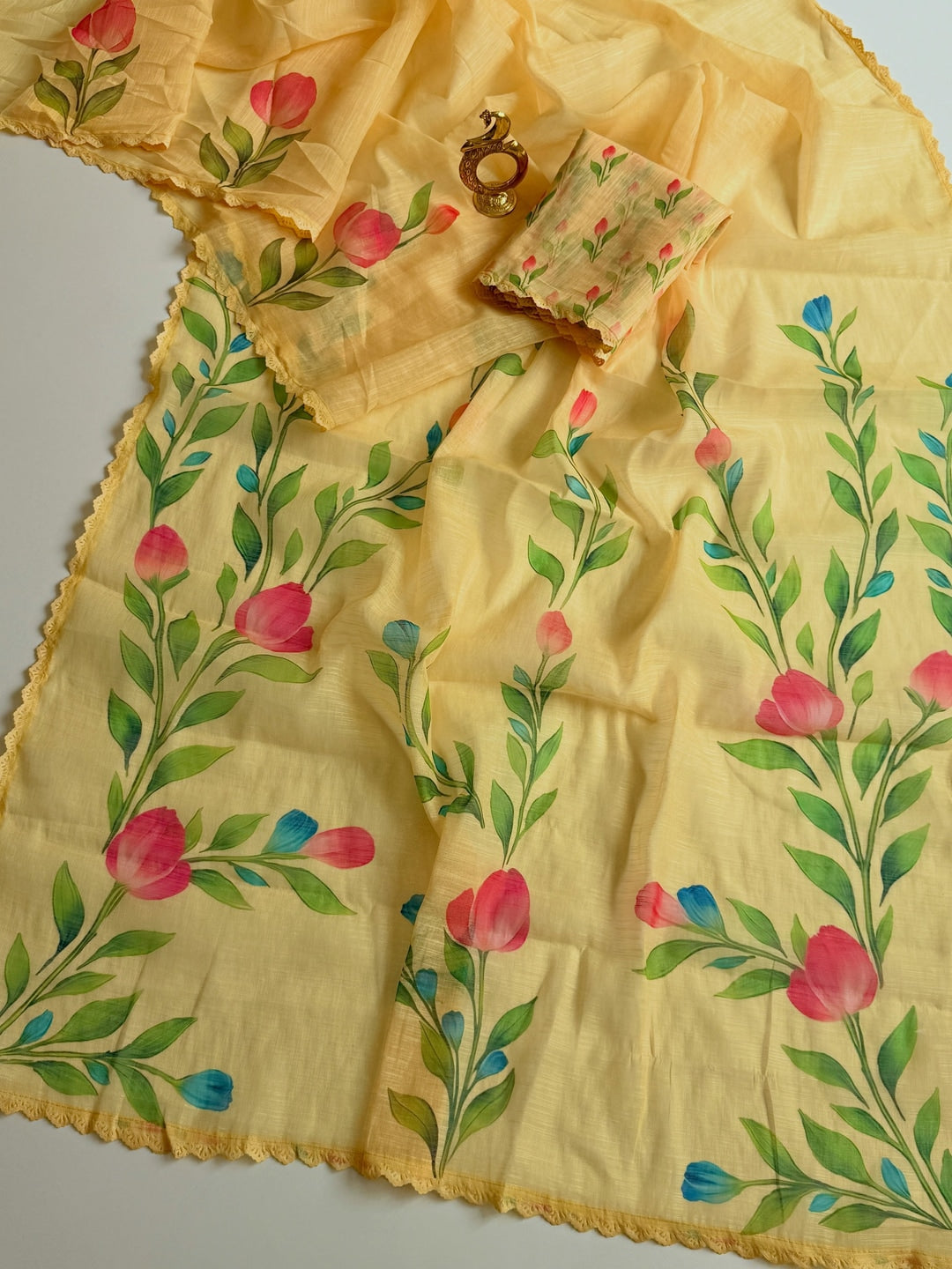 Peachmode Yellow Linen Cotton Floral Printed Saree - Image 3