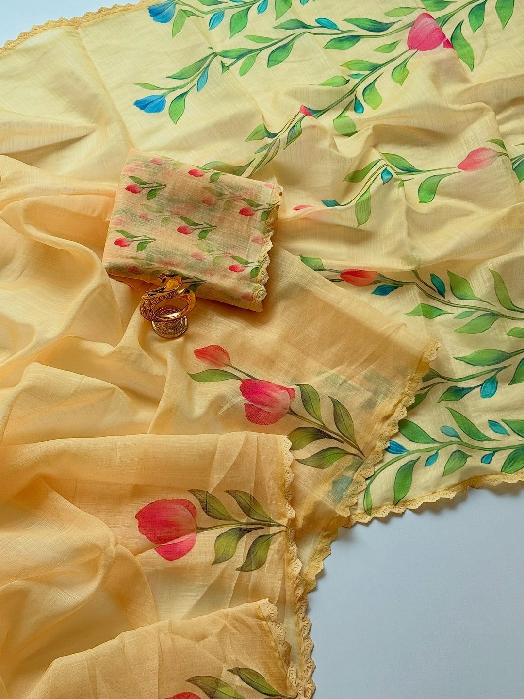 Peachmode Yellow Linen Cotton Floral Printed Saree - Image 4