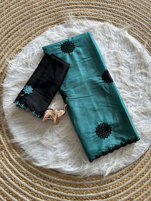 Peachmode Teal Georgette Silk Embroidered Suryamukhi Saree - Image 2