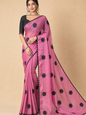 Peachmode Pink Georgette Silk Embroidered Suryamukhi Saree - Image 1