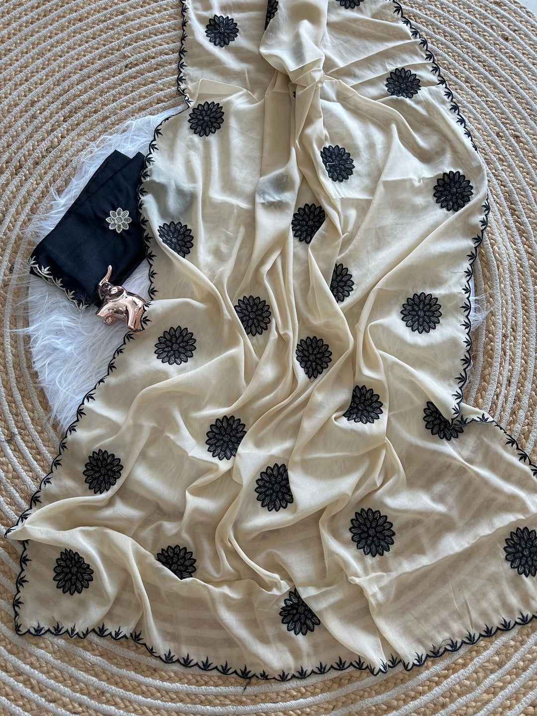 Peachmode Cream Georgette Silk Embroidered Suryamukhi Saree - Image 3