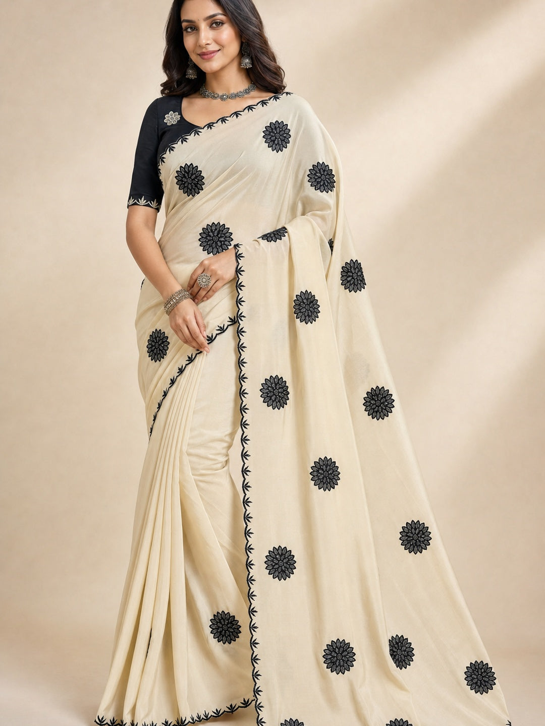 Peachmode Cream Georgette Silk Embroidered Suryamukhi Saree - Image 1