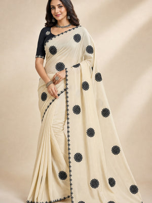 Peachmode Cream Georgette Silk Embroidered Suryamukhi Saree - Image 1