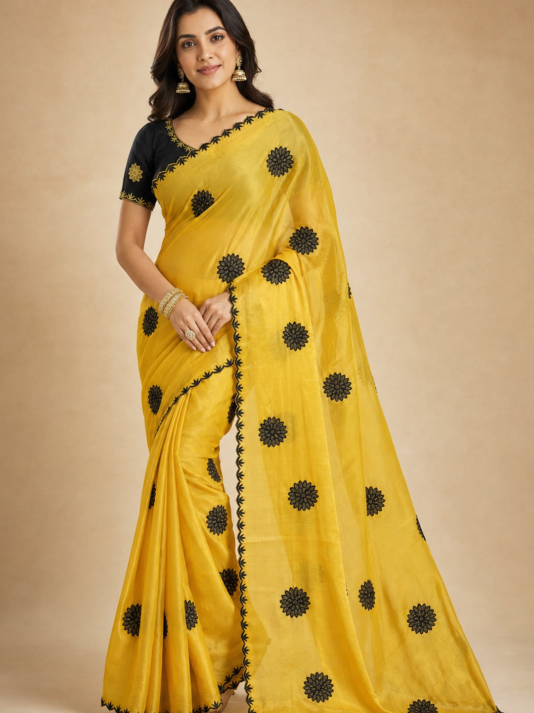 Peachmode Yellow Georgette Silk Embroidered Suryamukhi Saree - Image 1