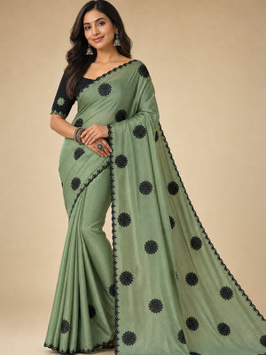 Peachmode Green Georgette Silk Embroidered Suryamukhi Saree - Image 1