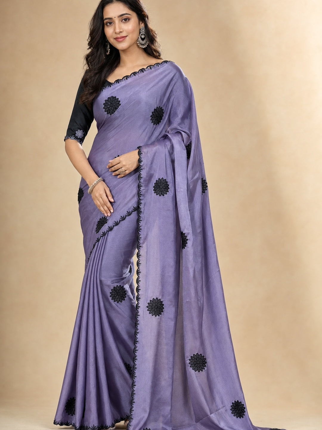Peachmode Lavender Georgette Silk Embroidered Suryamukhi Saree - Image 1