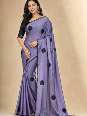 Peachmode Lavender Georgette Silk Embroidered Suryamukhi Saree - Image 1