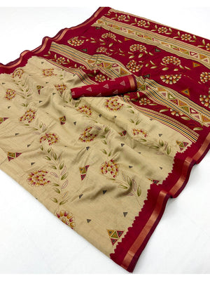 Peachmode Maroon Cotton Blend Floral Printed Saree - Image 2