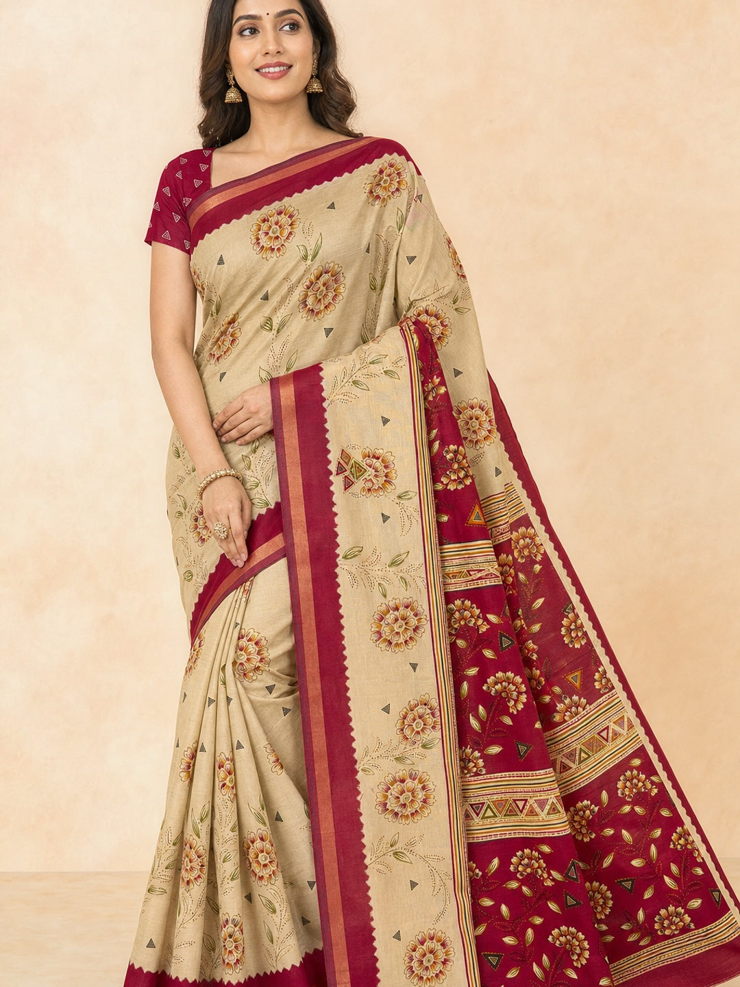 Peachmode Maroon Cotton Blend Floral Printed Saree - Image 1