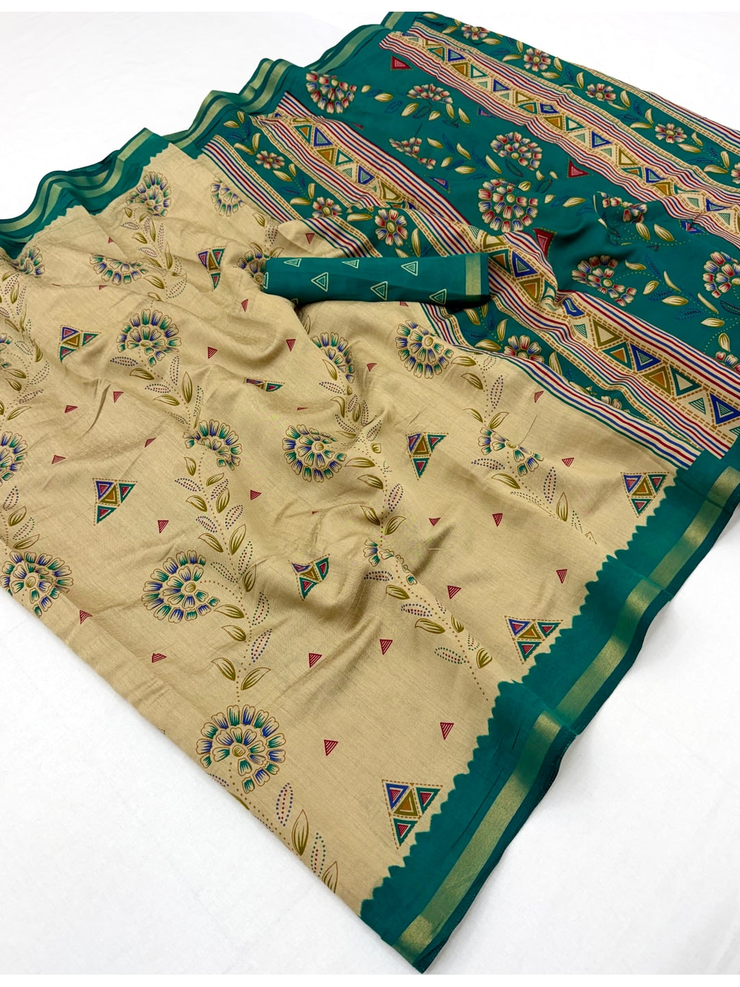 Peachmode Teal Cotton Blend Floral Printed Saree - Image 2
