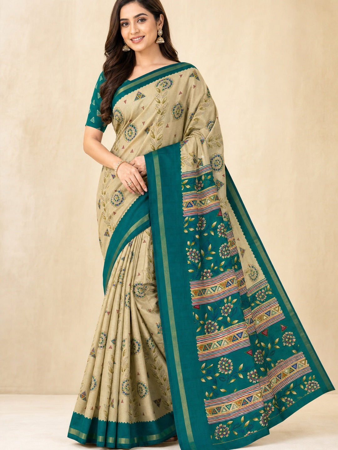 Peachmode Teal Cotton Blend Floral Printed Saree - Image 1
