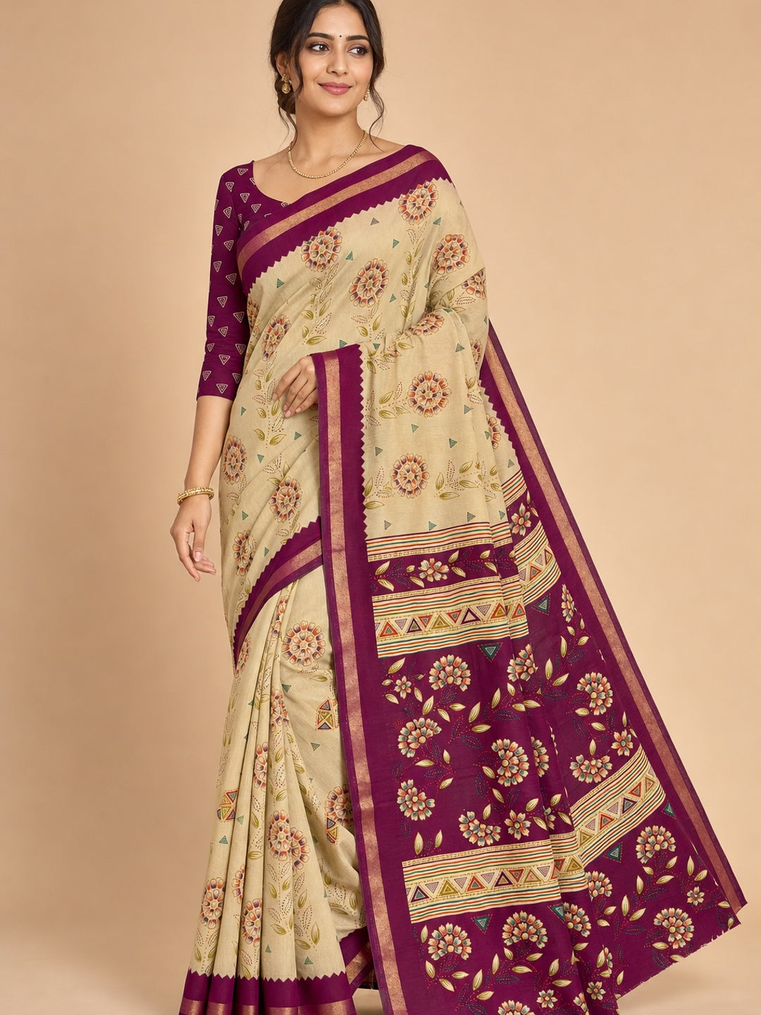 Peachmode Magenta Cotton Blend Floral Printed Saree - Image 1