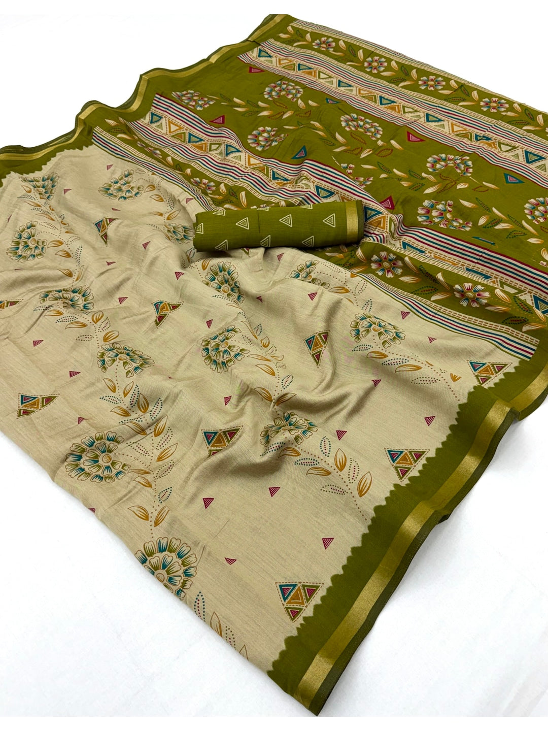 Peachmode Olive Cotton Blend Floral Printed Saree - Image 2