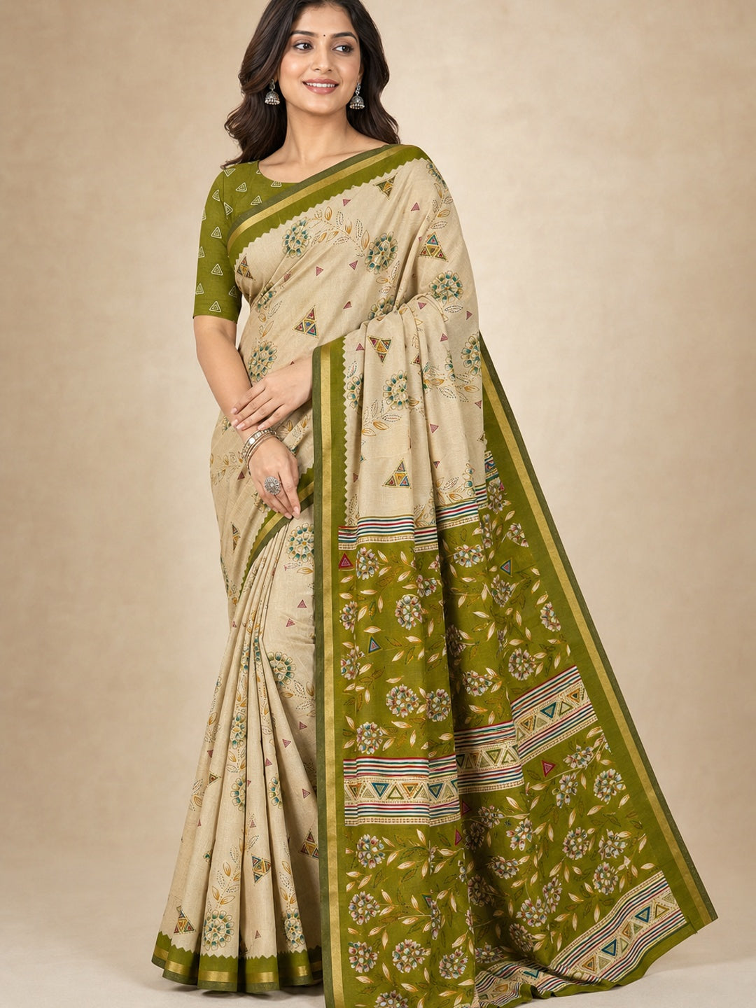 Peachmode Olive Cotton Blend Floral Printed Saree - Image 1
