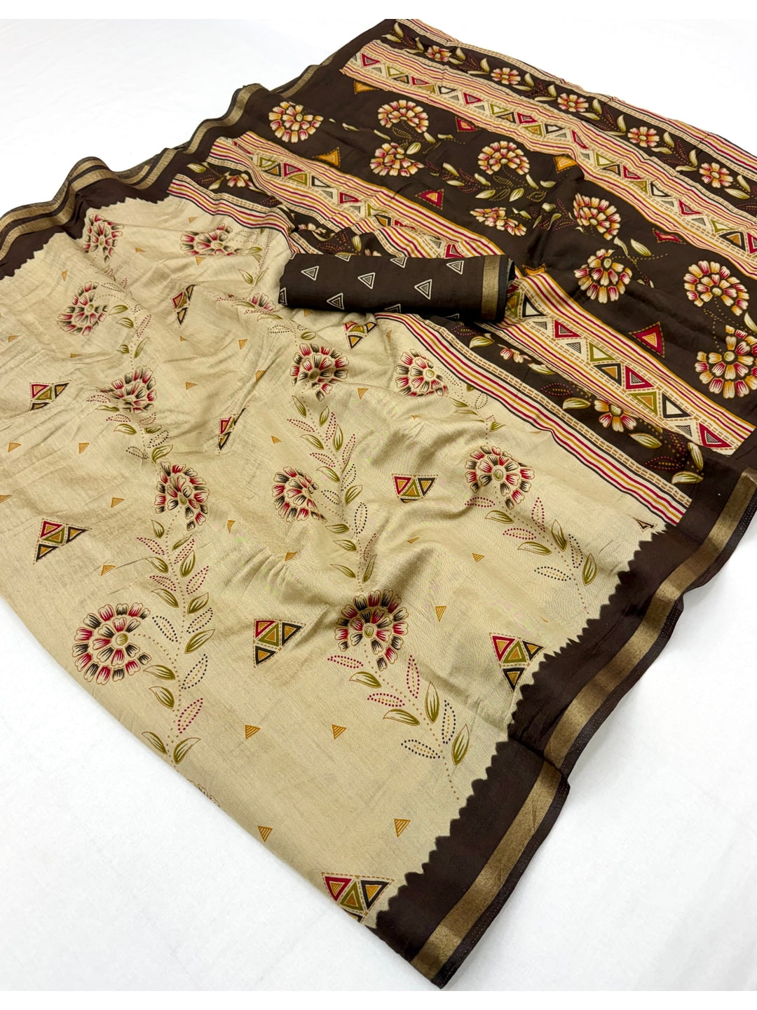 Peachmode Brown Cotton Blend Floral Printed Saree - Image 2