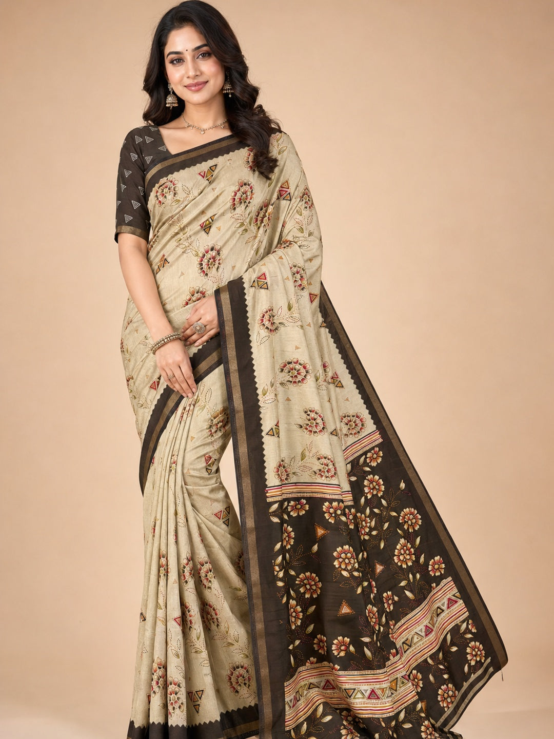 Peachmode Brown Cotton Blend Floral Printed Saree - Image 1