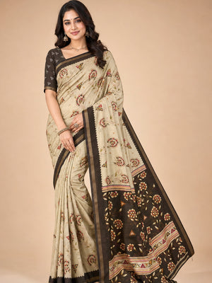 Peachmode Brown Cotton Blend Floral Printed Saree - Image 1