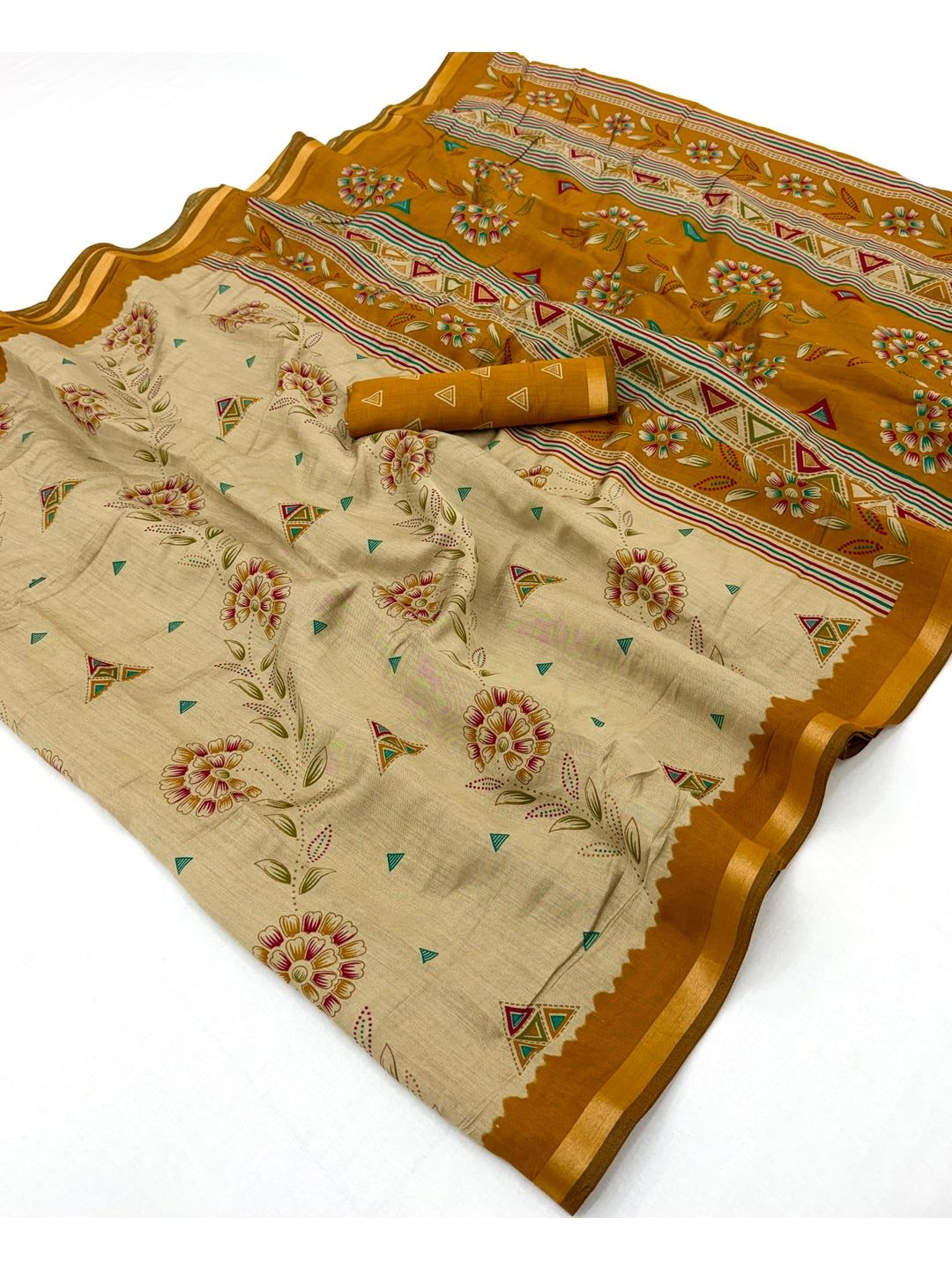 Peachmode Mustard Cotton Blend Floral Printed Saree - Image 2