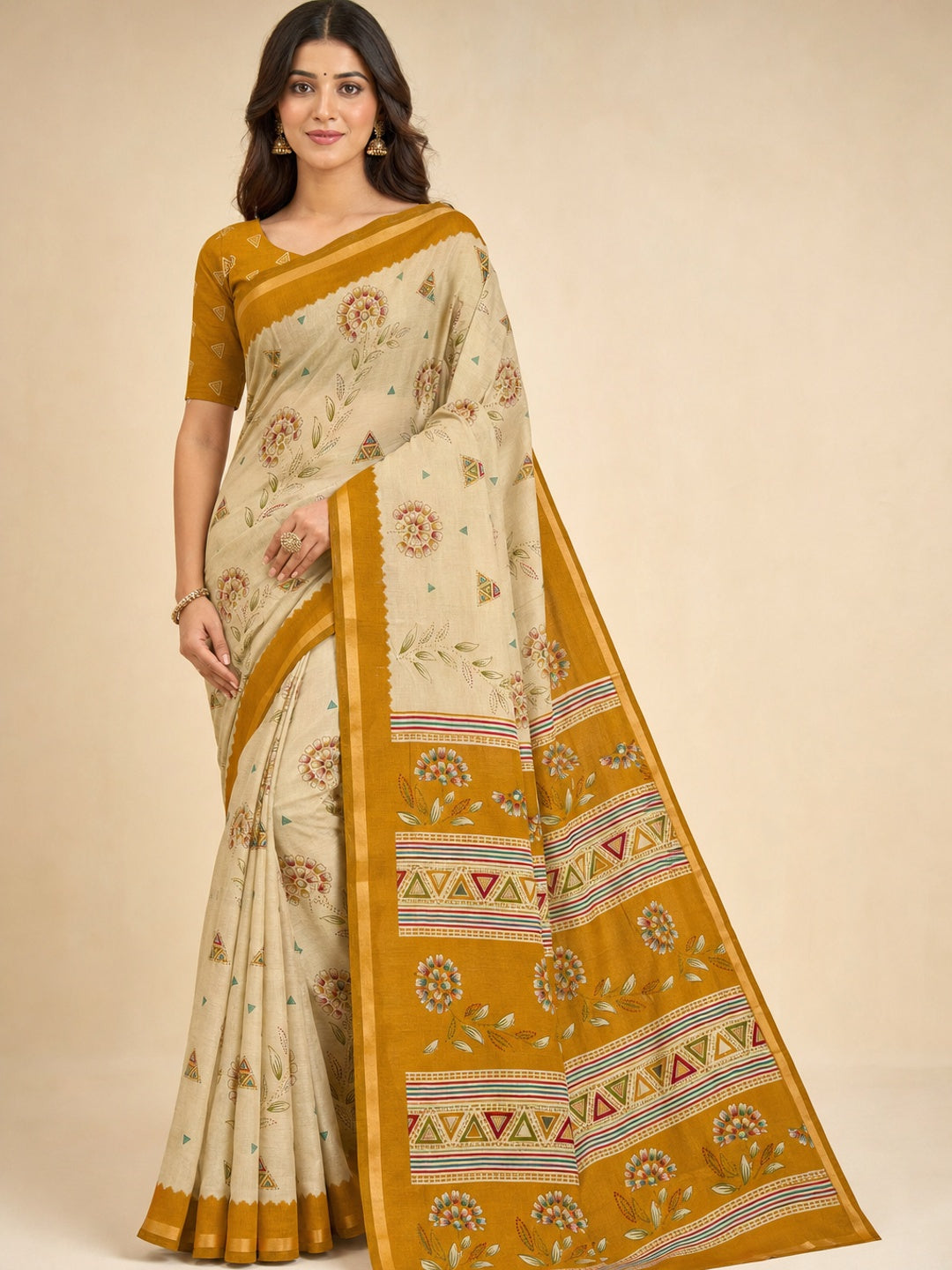 Peachmode Mustard Cotton Blend Floral Printed Saree - Image 1