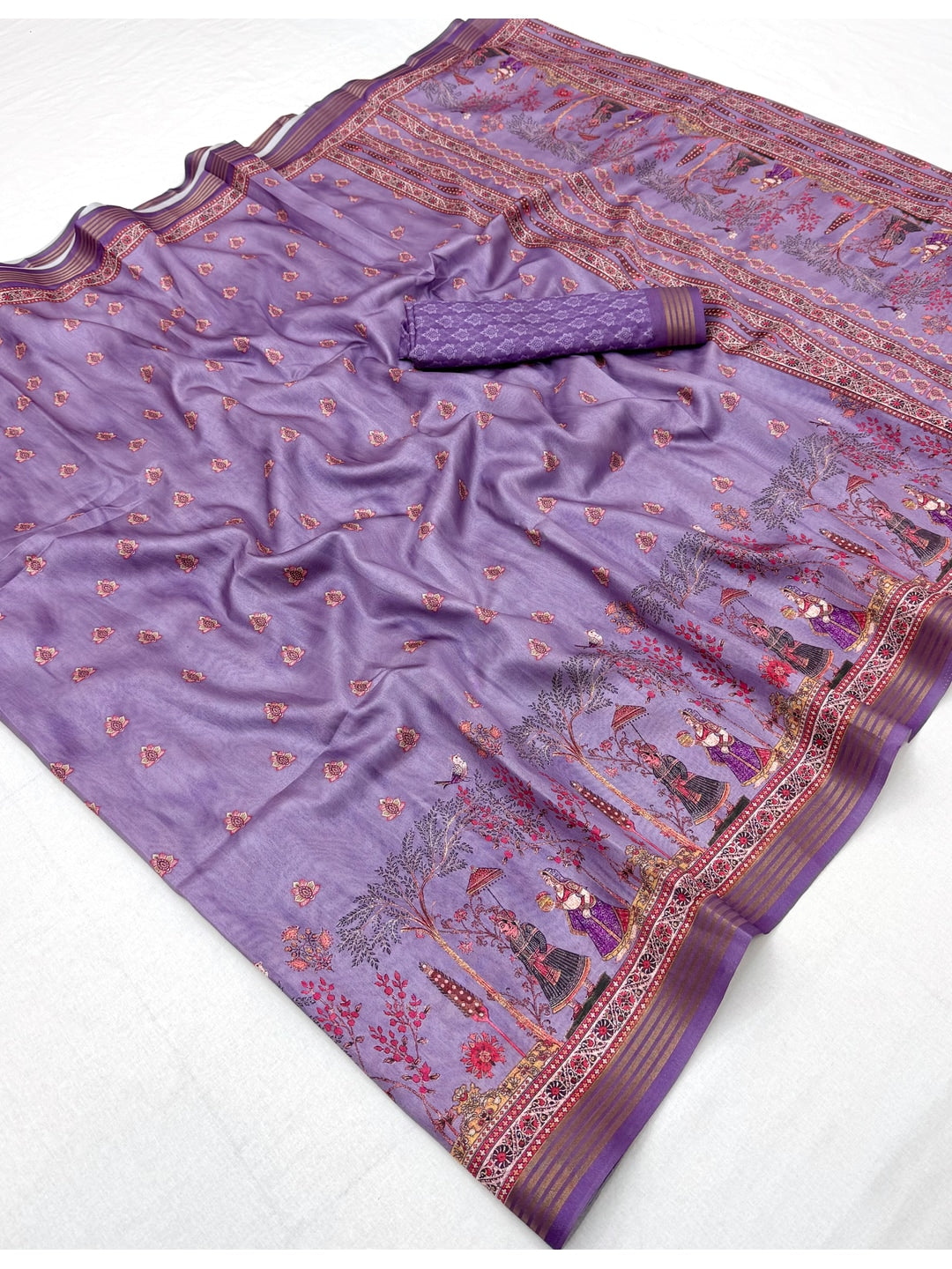 Peachmode Lavender Cotton Silk Digital Printed Saree - Image 2