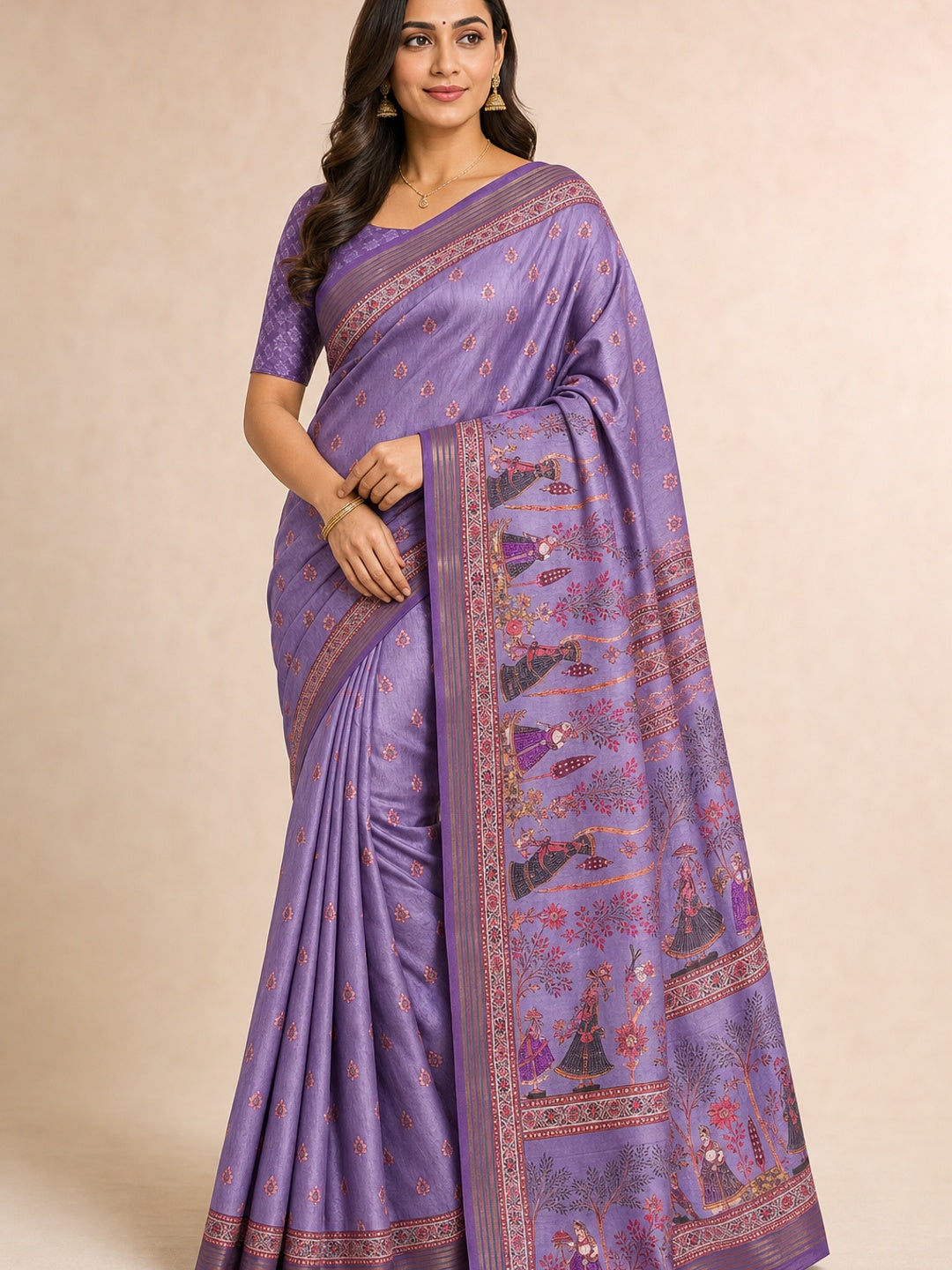 Peachmode Lavender Cotton Silk Digital Printed Saree - Image 1